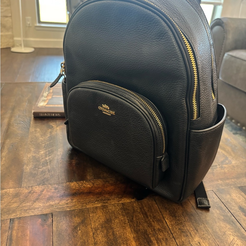 Coach Court Black Leather Backpack with Gold Accents